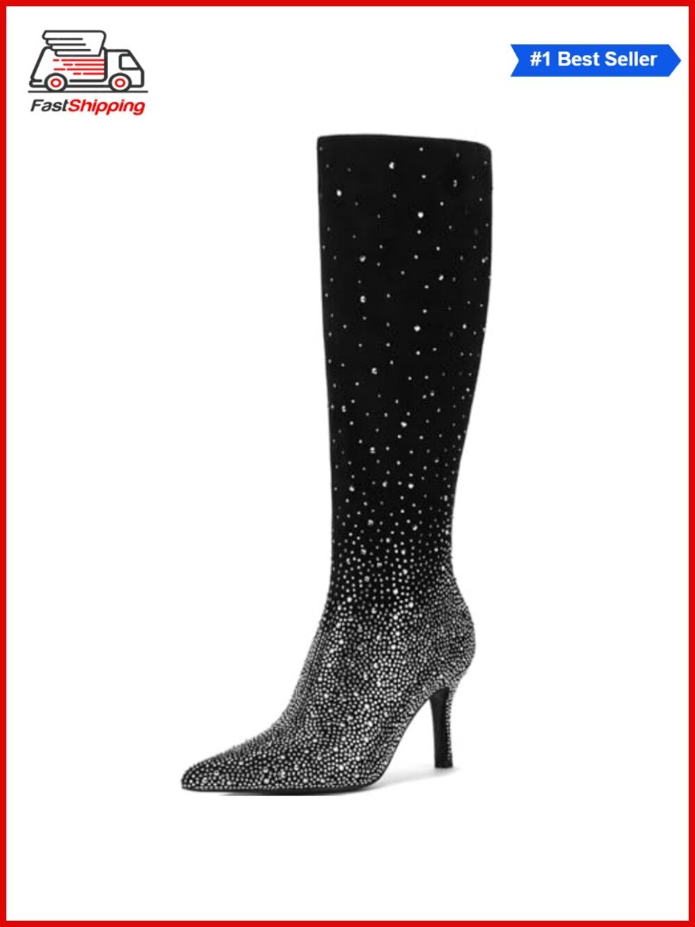 ✨ Rhinestone Knee High Boots Pointed Toe Stiletto Heel Zip Glam Party